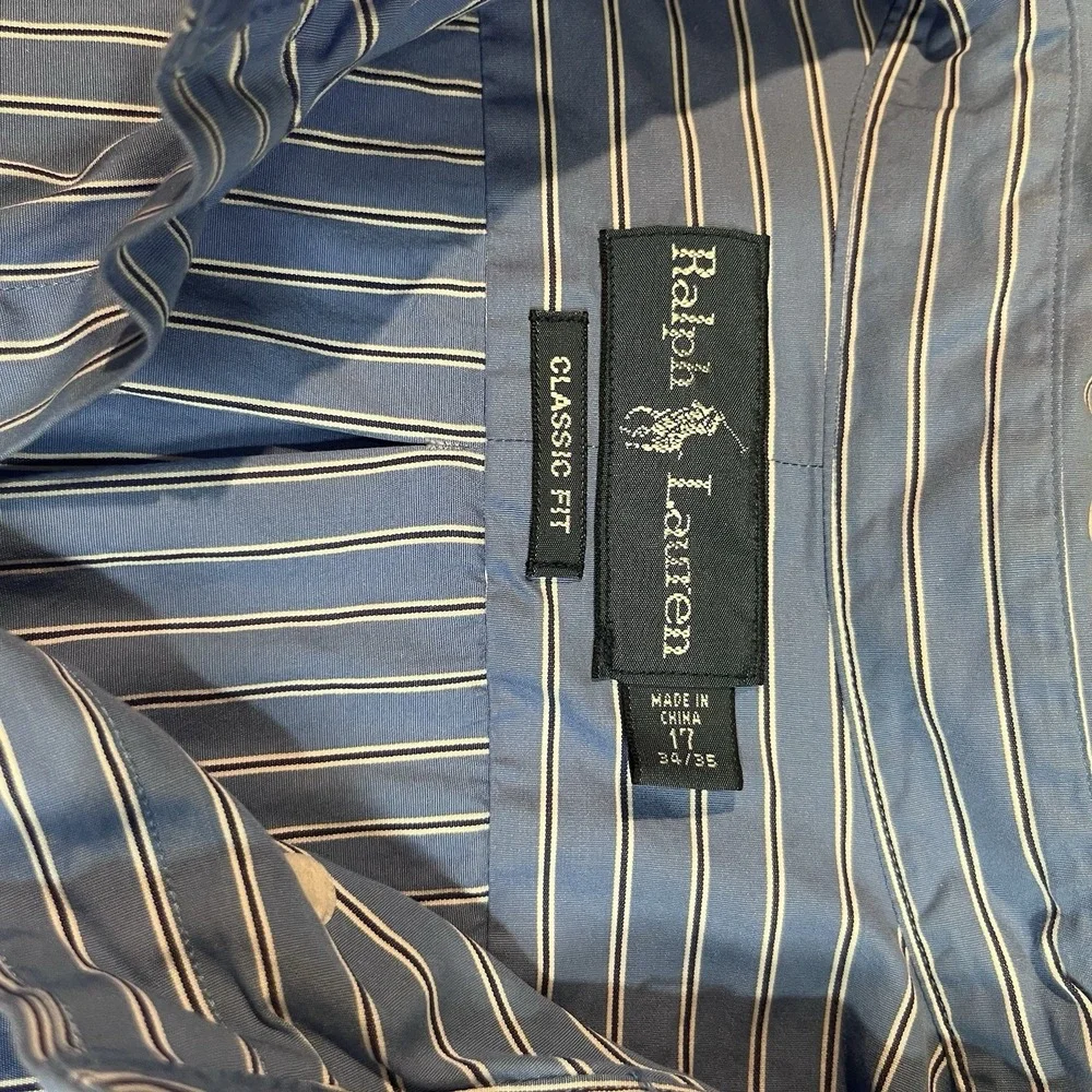 Ralph Lauren Shirt Mens 17 34/35 Blue Striped Classic Fit Button Up Long Sleeves